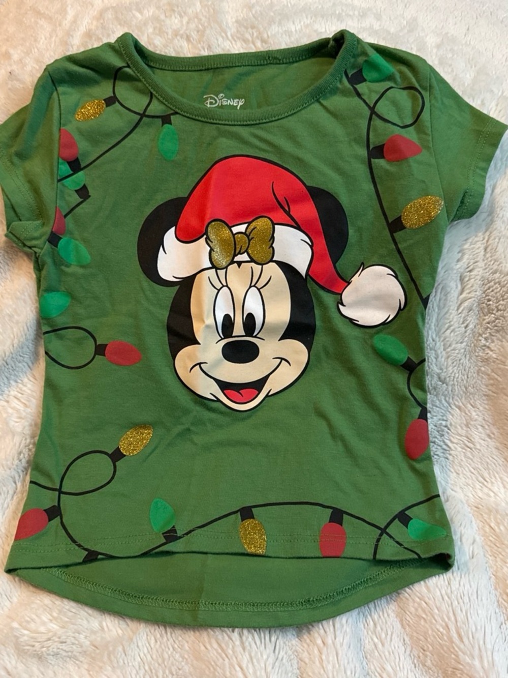 Disney Green Minnie Mouse Holiday Tee with Red & Gold Accents